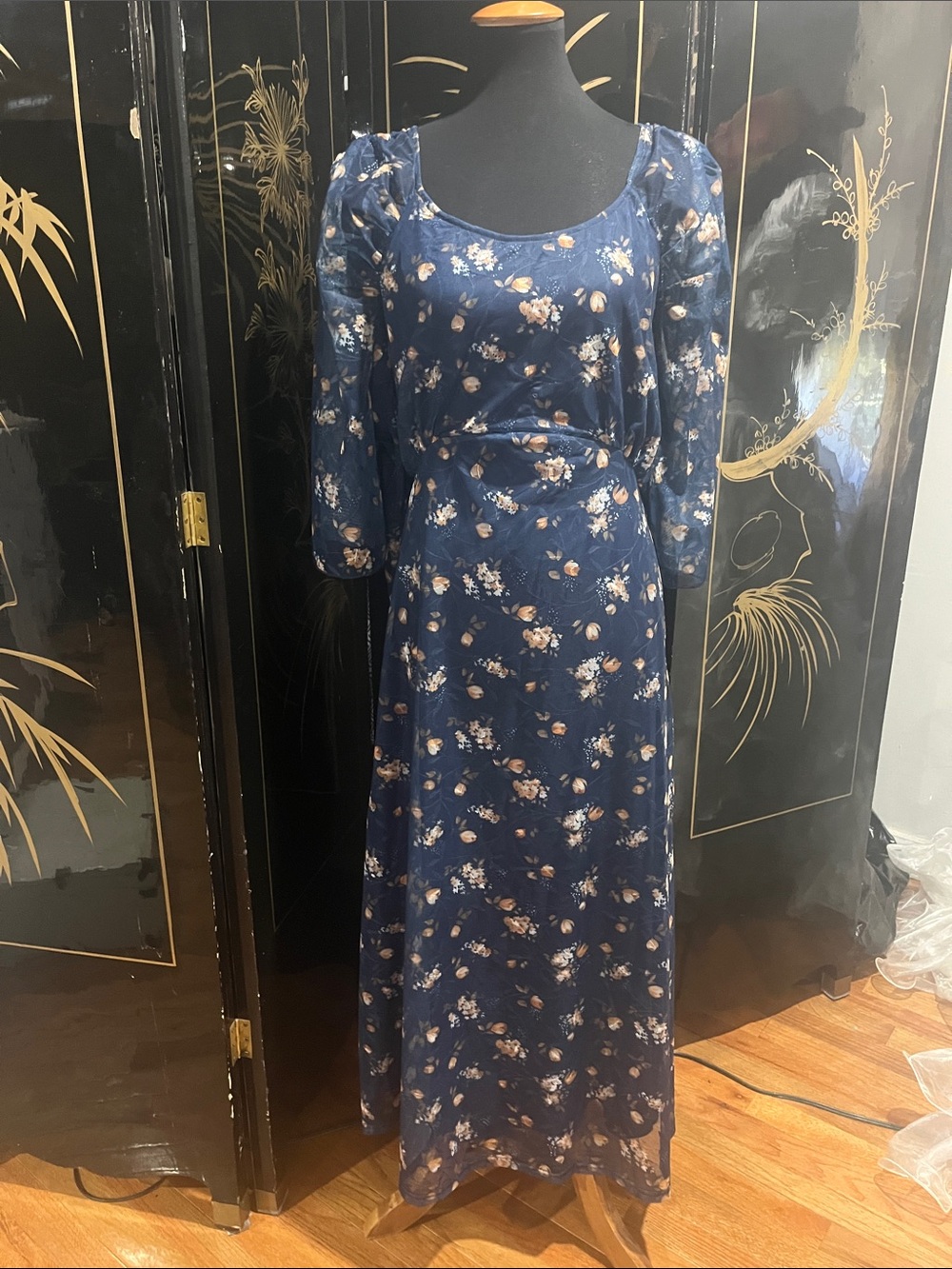 Suzanne Betro Navy Floral Maxi Dress with Puff Sleeves RE